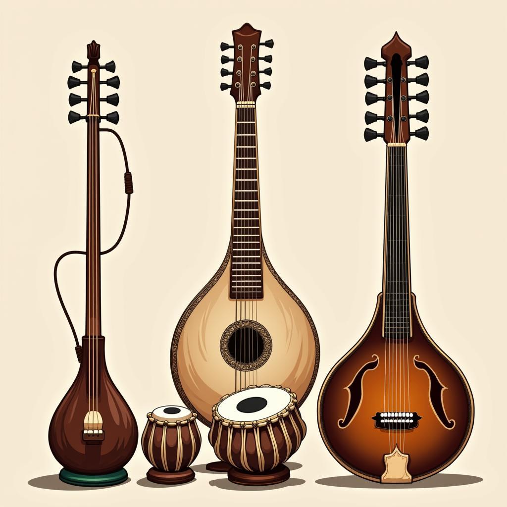 A collection of traditional Pakistani musical instruments.