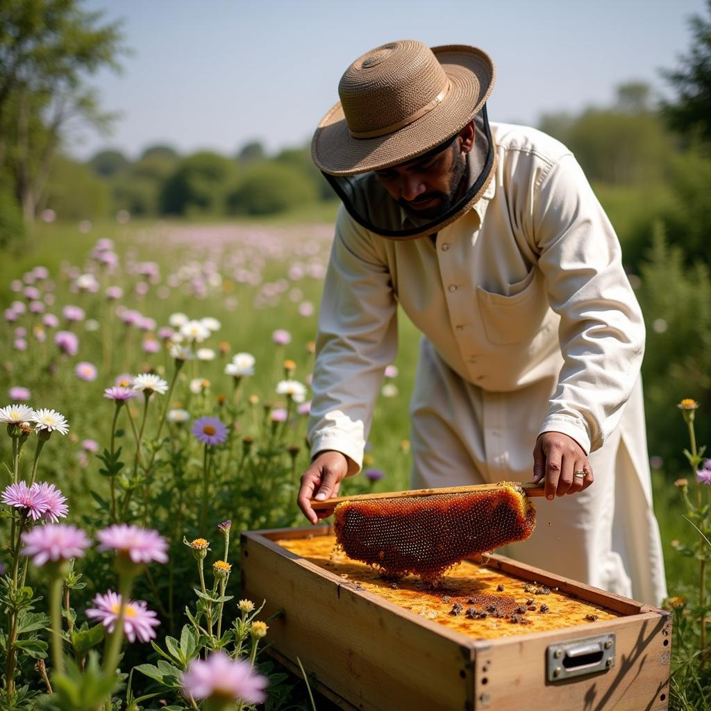 Pakistani Beekeeper Harvesting Organic Honey