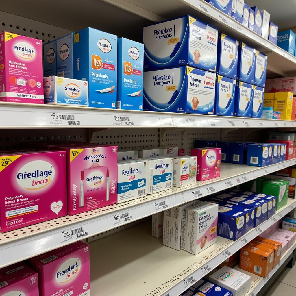 A Pakistani pharmacy displaying various pregnancy test brands.