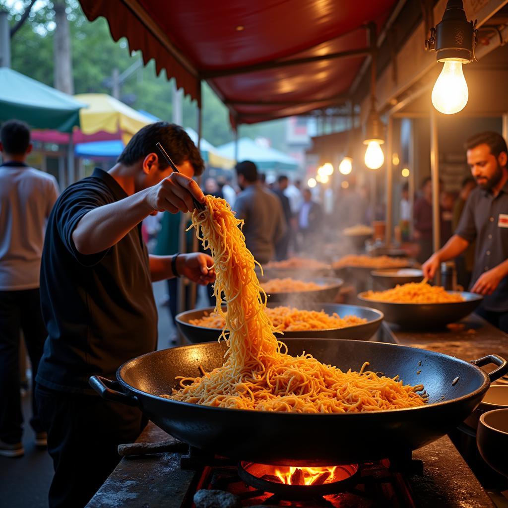 Pakistani street vendor skillfully preparing and serving chowmein noodles to a crowd of eager customers.