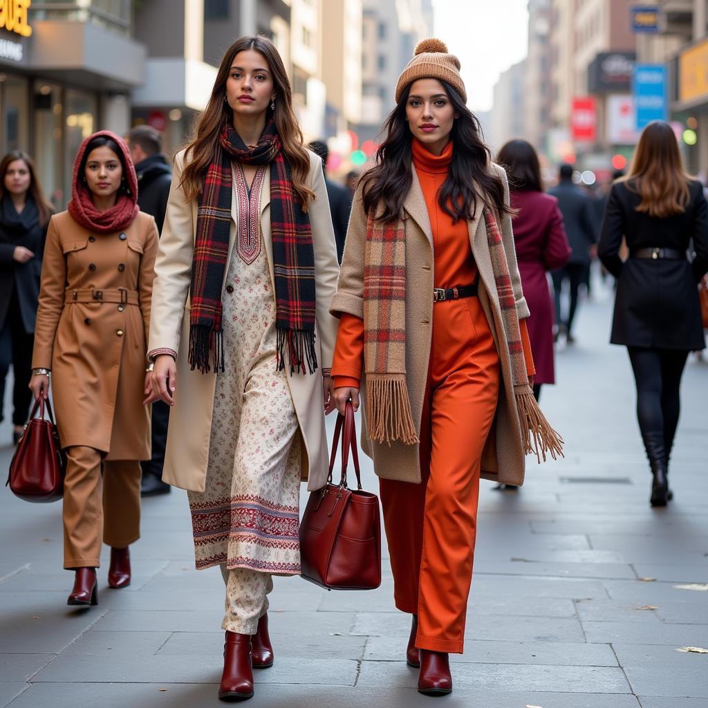 Pakistani women showcasing diverse winter street style, featuring long coats, shawls, and boots.