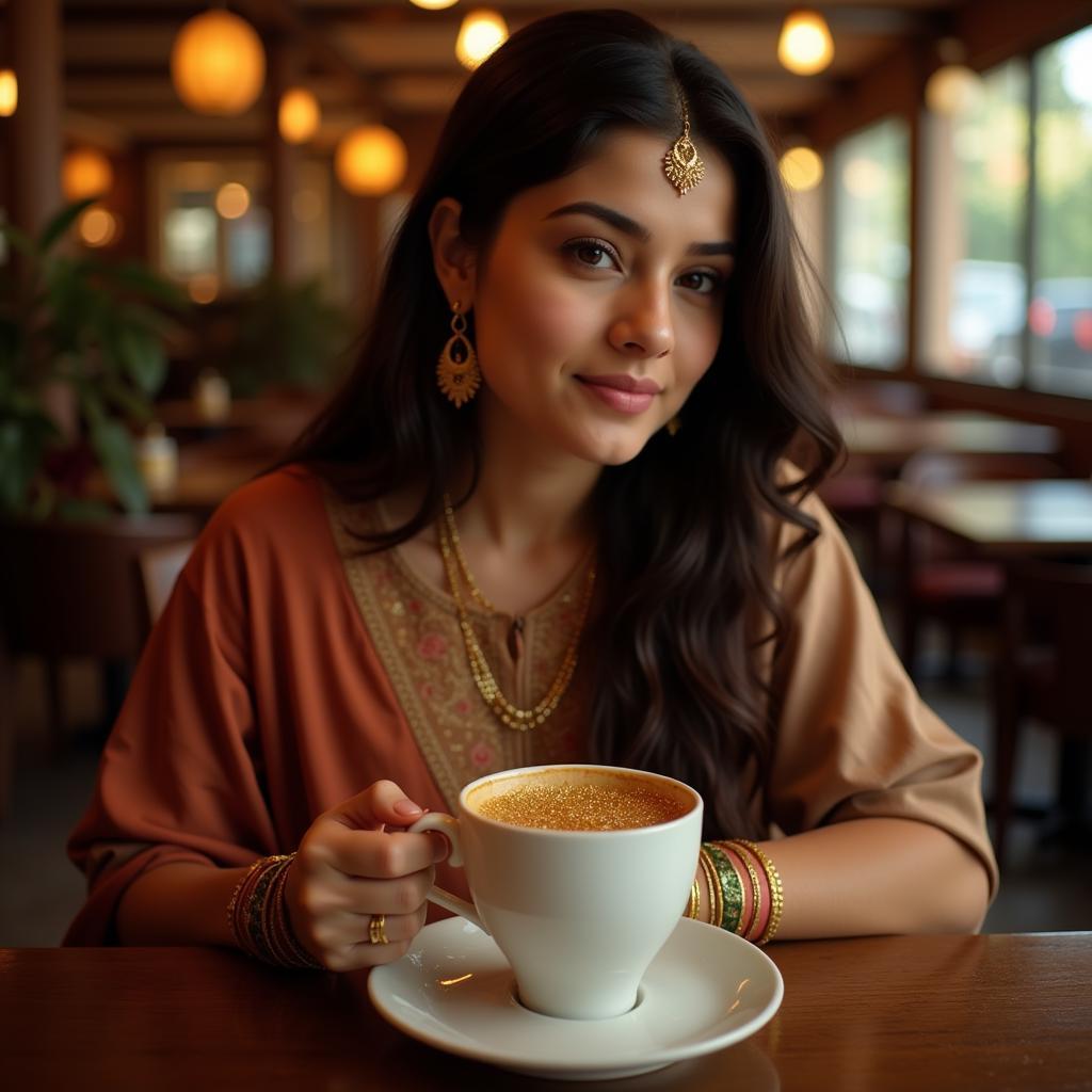 A Pakistani woman enjoying a cup of gold coffee.