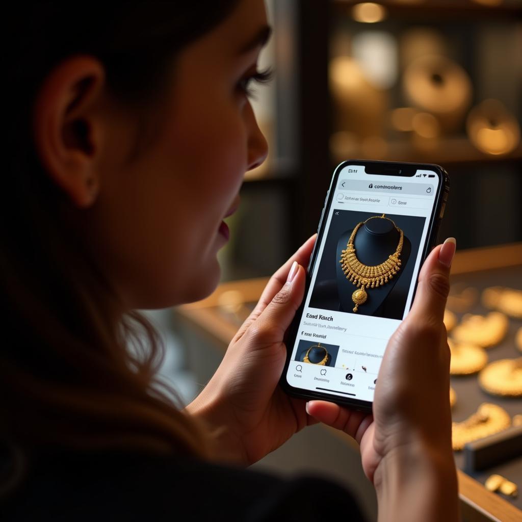 A Pakistani woman carefully examines the details of a necklace on a jewellery website