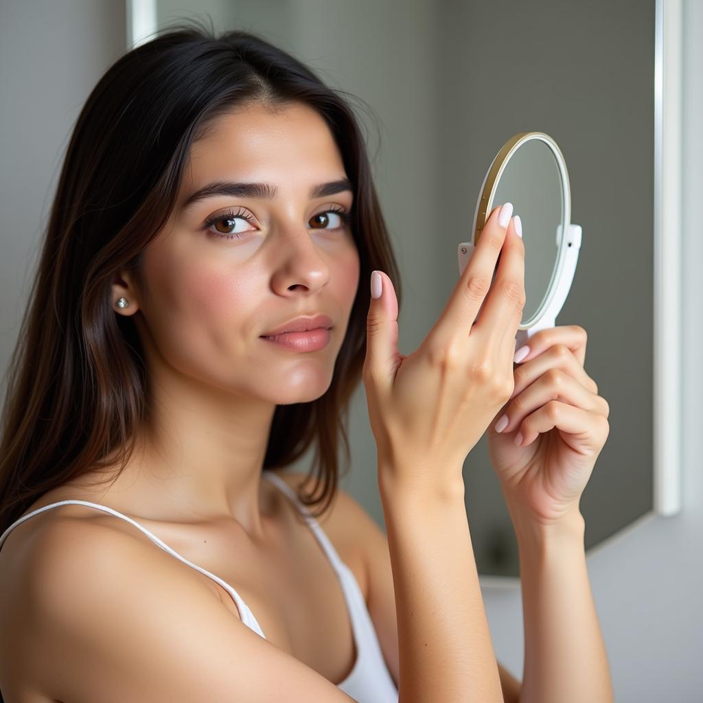 Pakistani woman examining her skin in a mirror