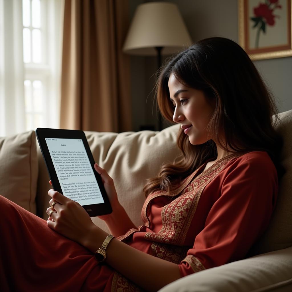 Pakistani woman reading a Kindle at home