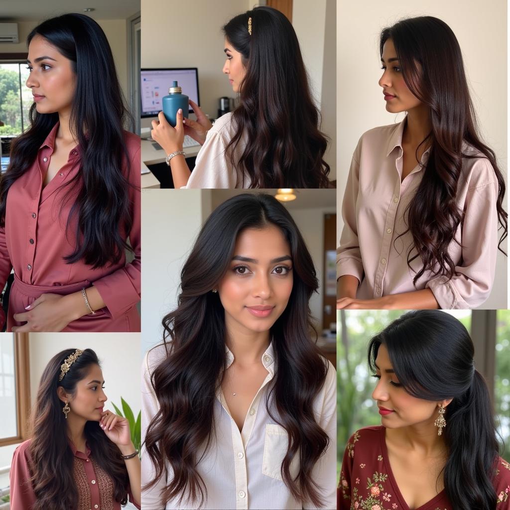 Pakistani women using various hair mists for different occasions.