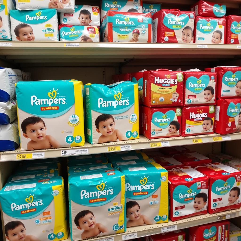 Pampers and Huggies diapers on a Pakistani supermarket shelf