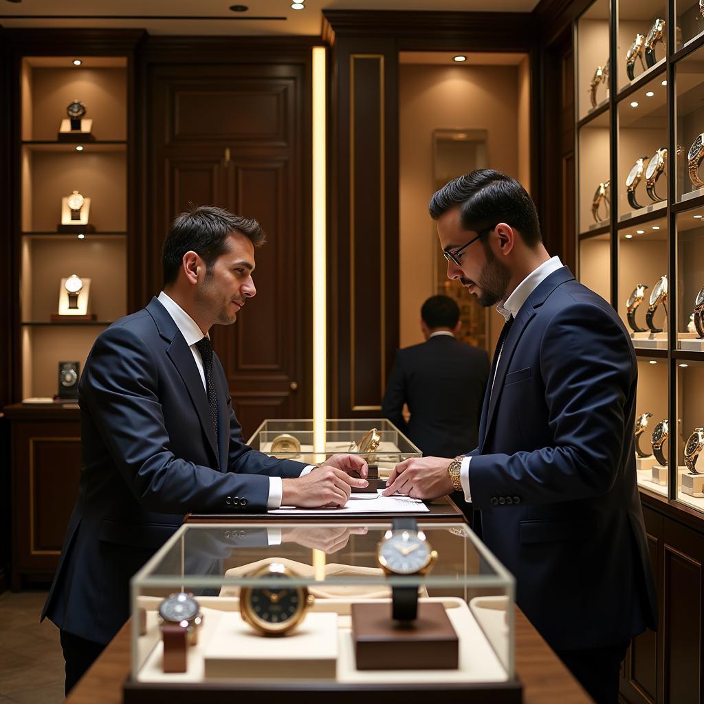 A customer interacting with a representative at an authorized Patek Philippe dealer in a luxurious showroom.  The showroom displays a variety of Patek Philippe watches in glass cases, highlighting the prestigious nature of the brand.