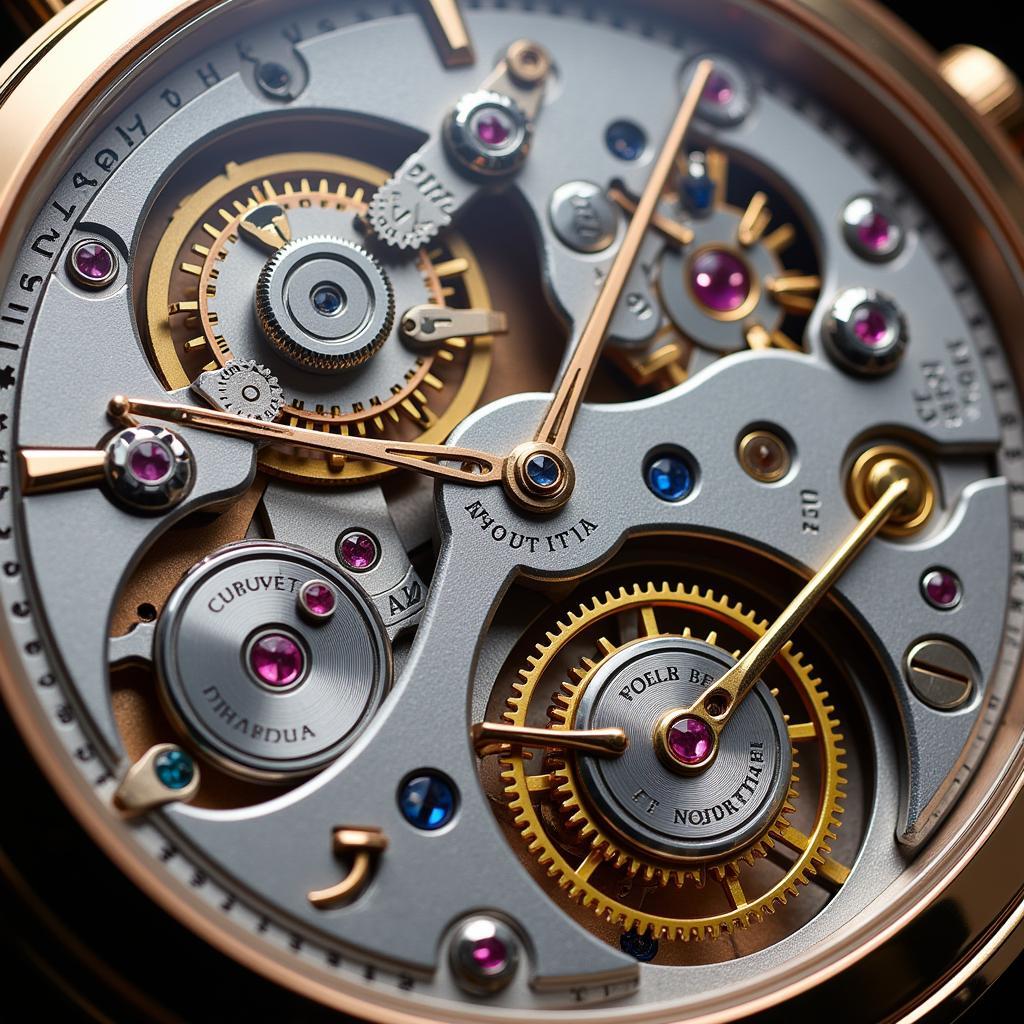 A detailed view of the intricate mechanical movement inside a Patek Philippe watch. The image showcases the gears, springs, and other components that power the watch, highlighting the precision and craftsmanship involved.