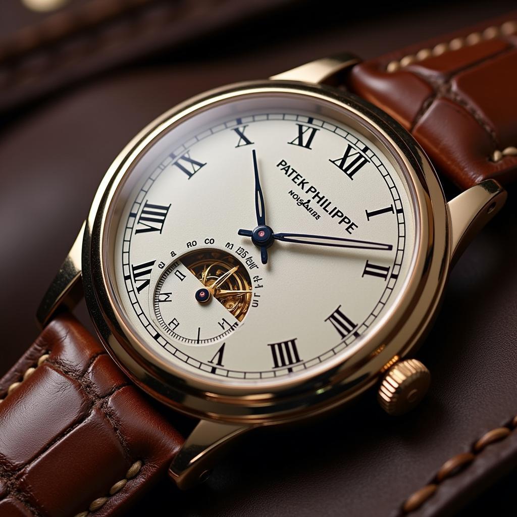 A close-up of a Patek Philippe watch showcasing its intricate details and craftsmanship. The watch face features Roman numerals and elegant hands, reflecting the timeless design of the brand.  The leather strap adds a touch of classic sophistication.