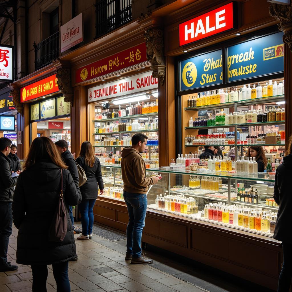 The bustling perfume market in Pakistan, filled with a variety of scents and brands.