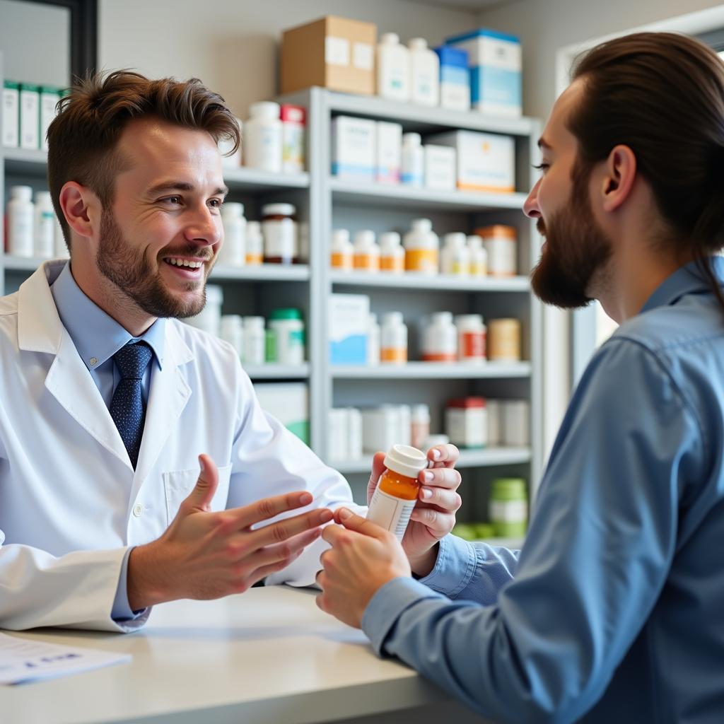 A pharmacist counseling a patient about medication in a community pharmacy setting