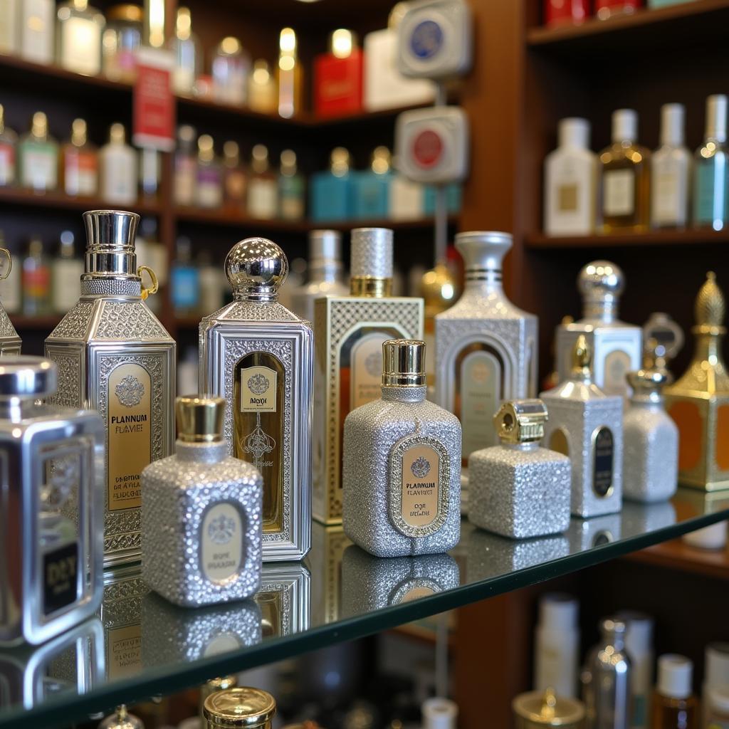 Platinum Perfume Bottles Displayed in a Pakistani Store