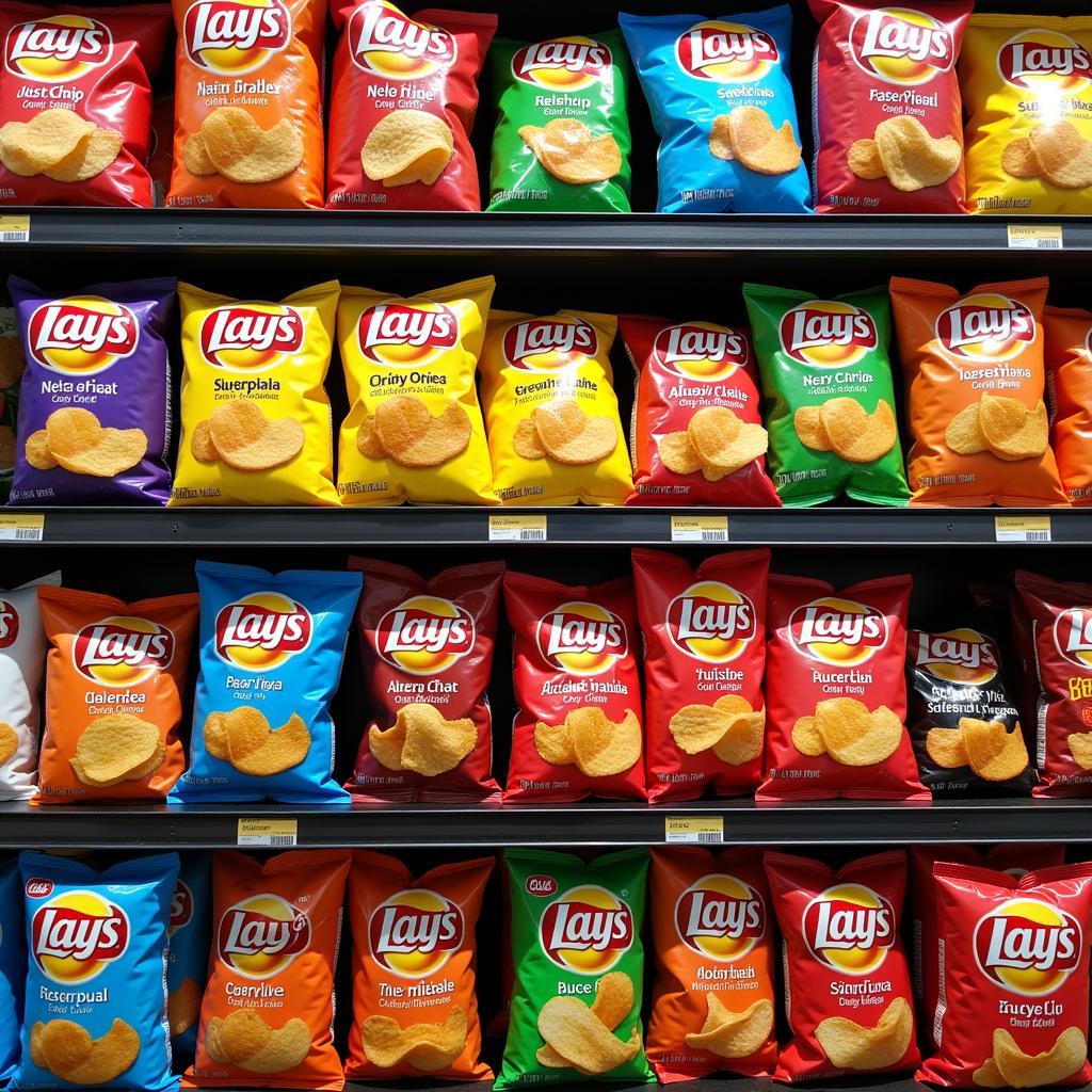 Popular chips brands in Pakistan displayed on a supermarket shelf.