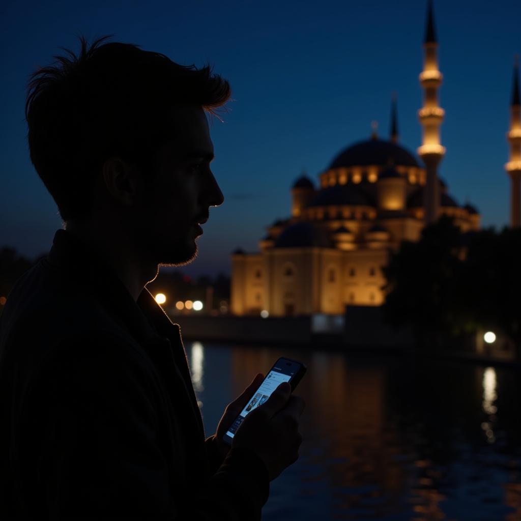 Impact of Pornography on Pakistani Society: A stylized image representing the clash between traditional values and online accessibility of porn, with a silhouette of a person holding a smartphone in the foreground and a mosque in the background.