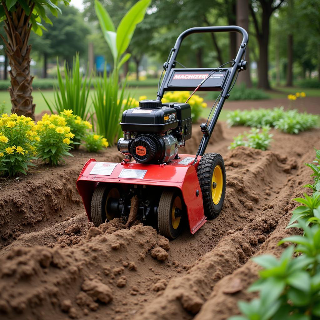 Power tiller used in a Pakistani garden