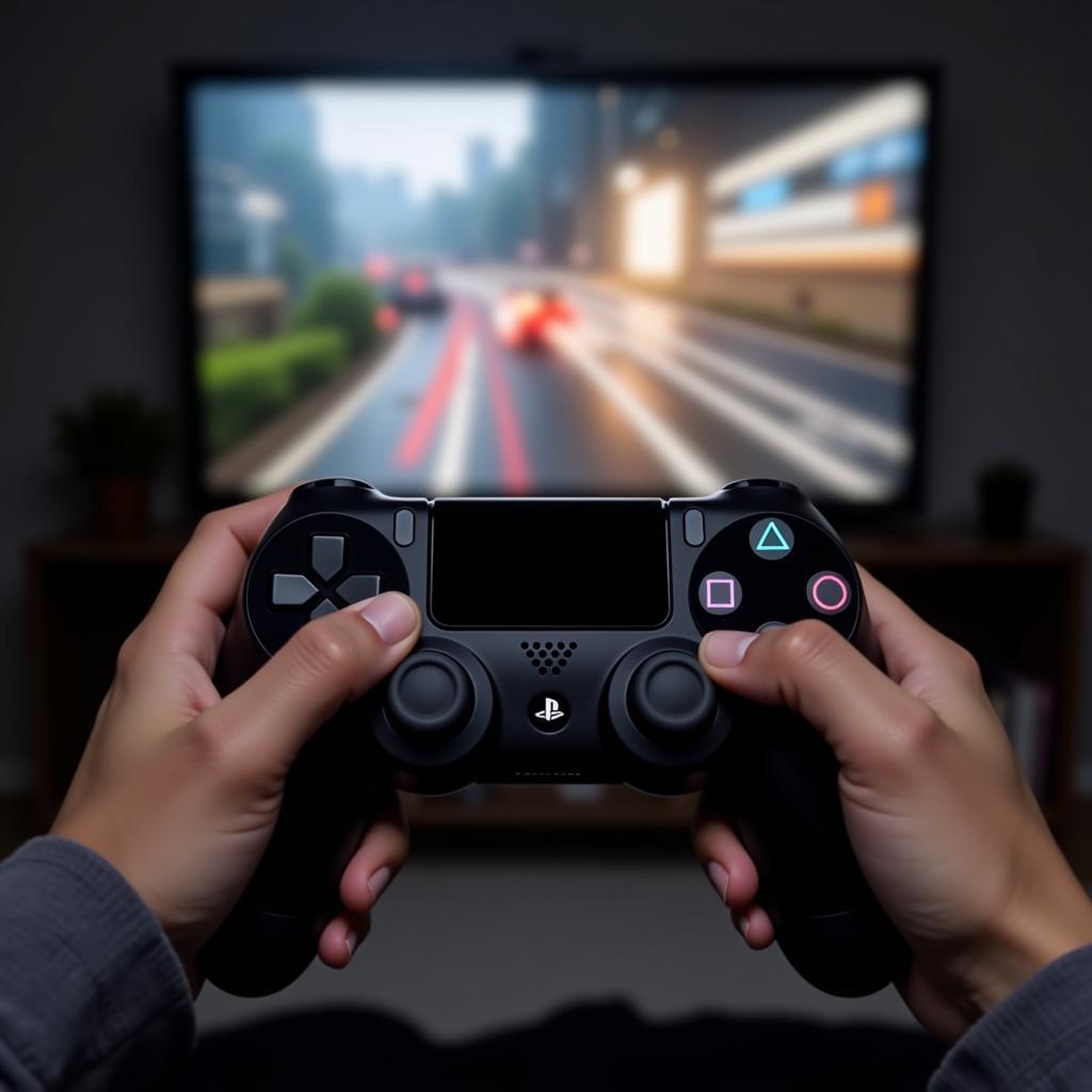 A Pakistani gamer holding a PS4 DualShock 4 controller while playing a game.