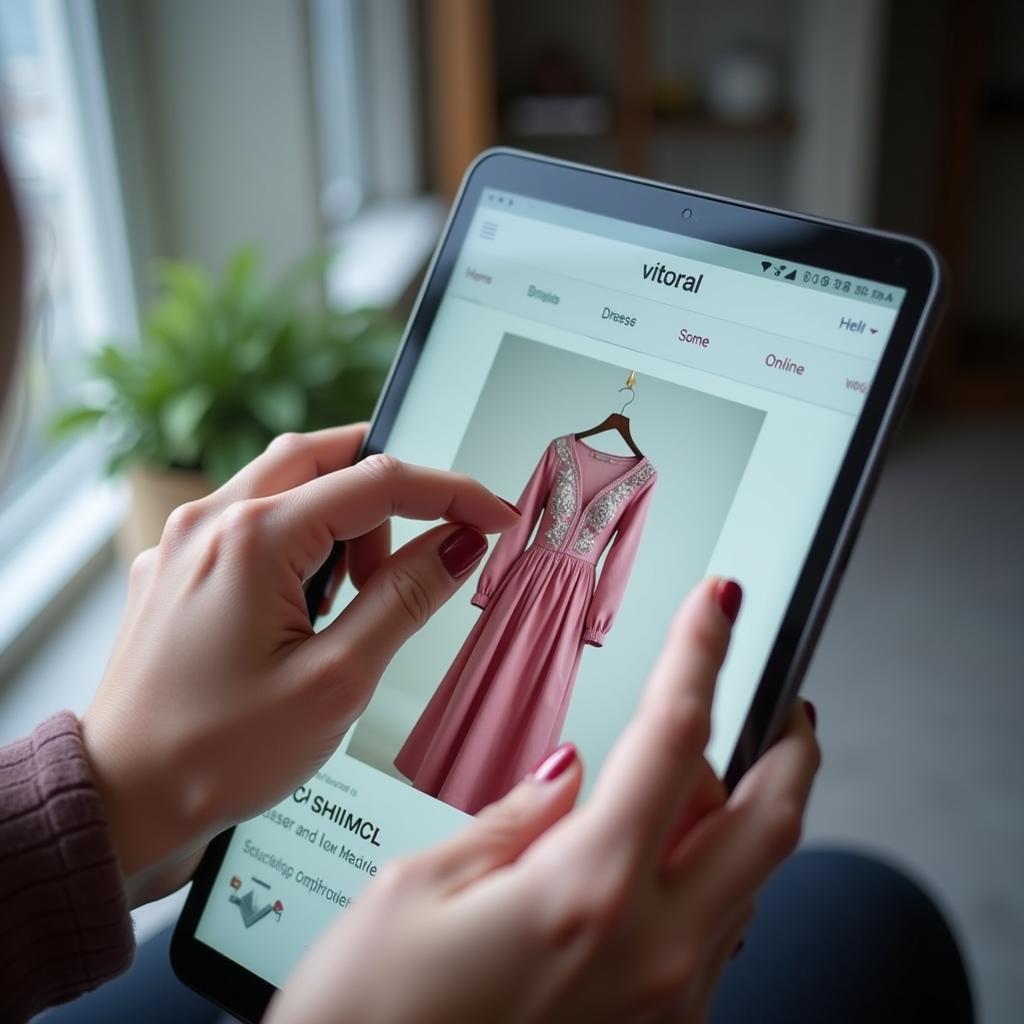 A Woman Carefully Examining the Details of a Dress on a Website