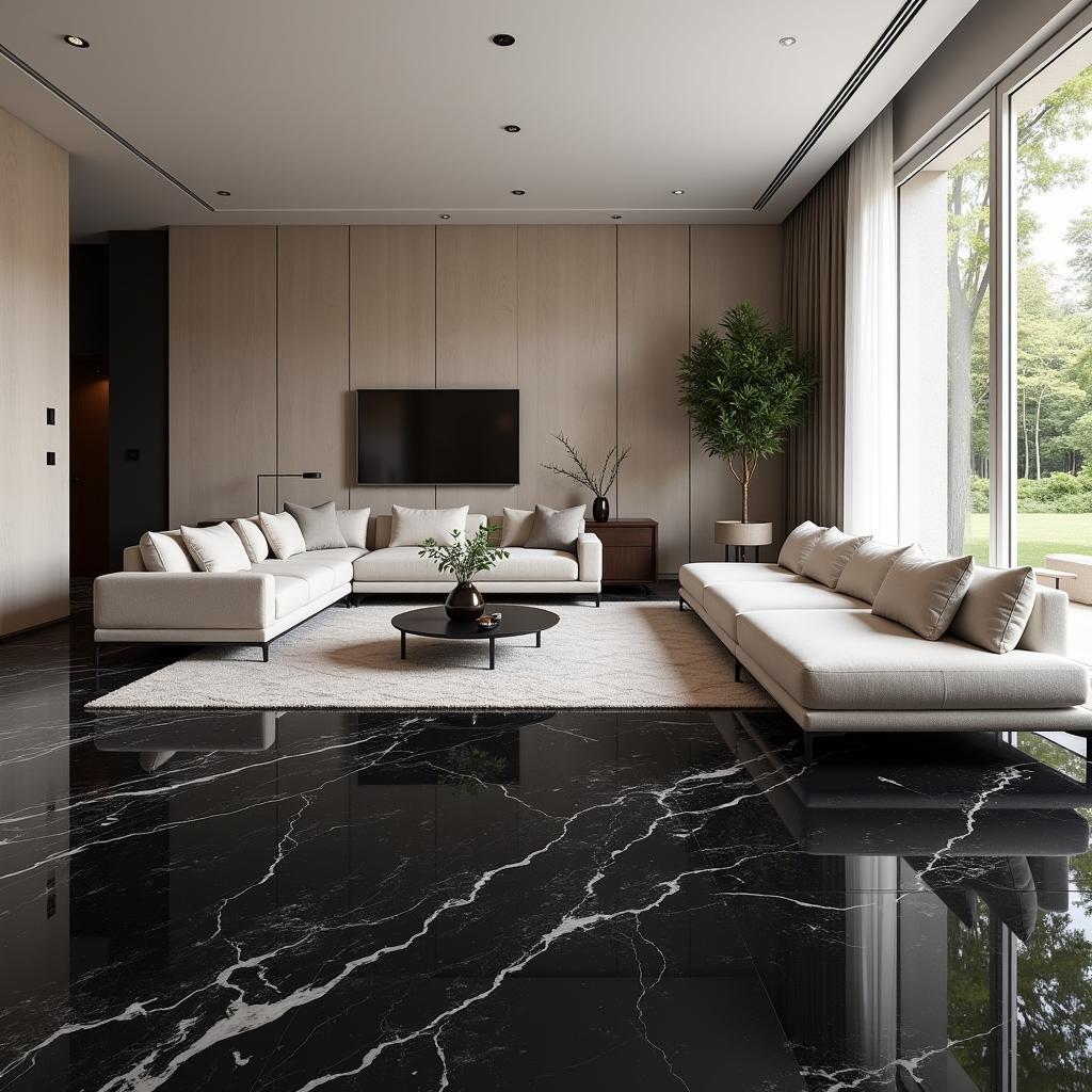 Silky Black Marble Flooring in a Modern Living Room