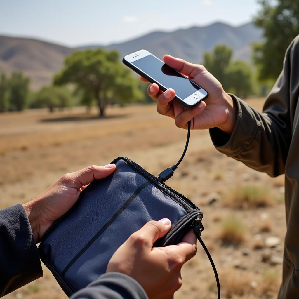 A person using a solaron blanket to charge a phone in a rural area of Pakistan