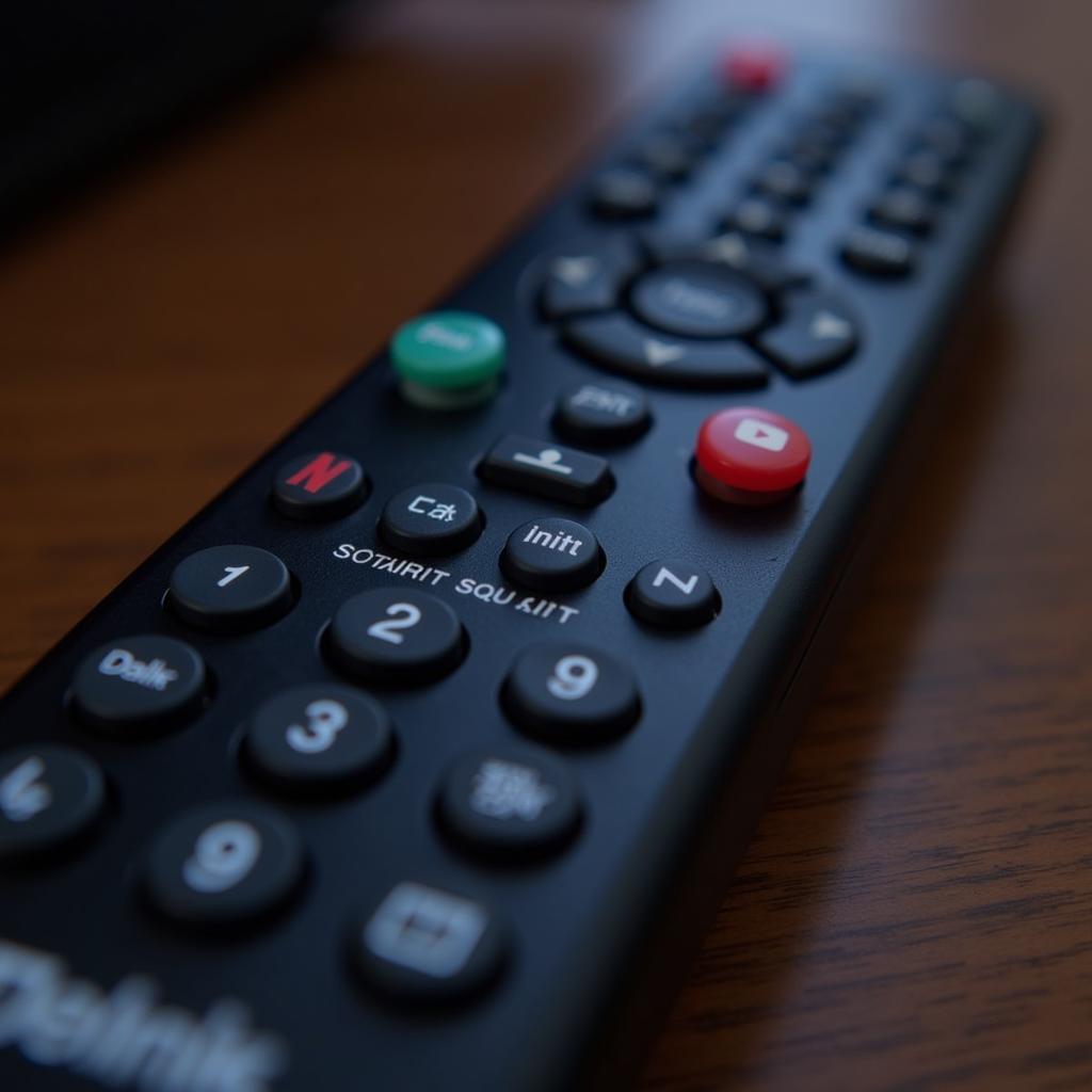 Close-up view of a TCL 32-inch LED TV remote control highlighting smart features.