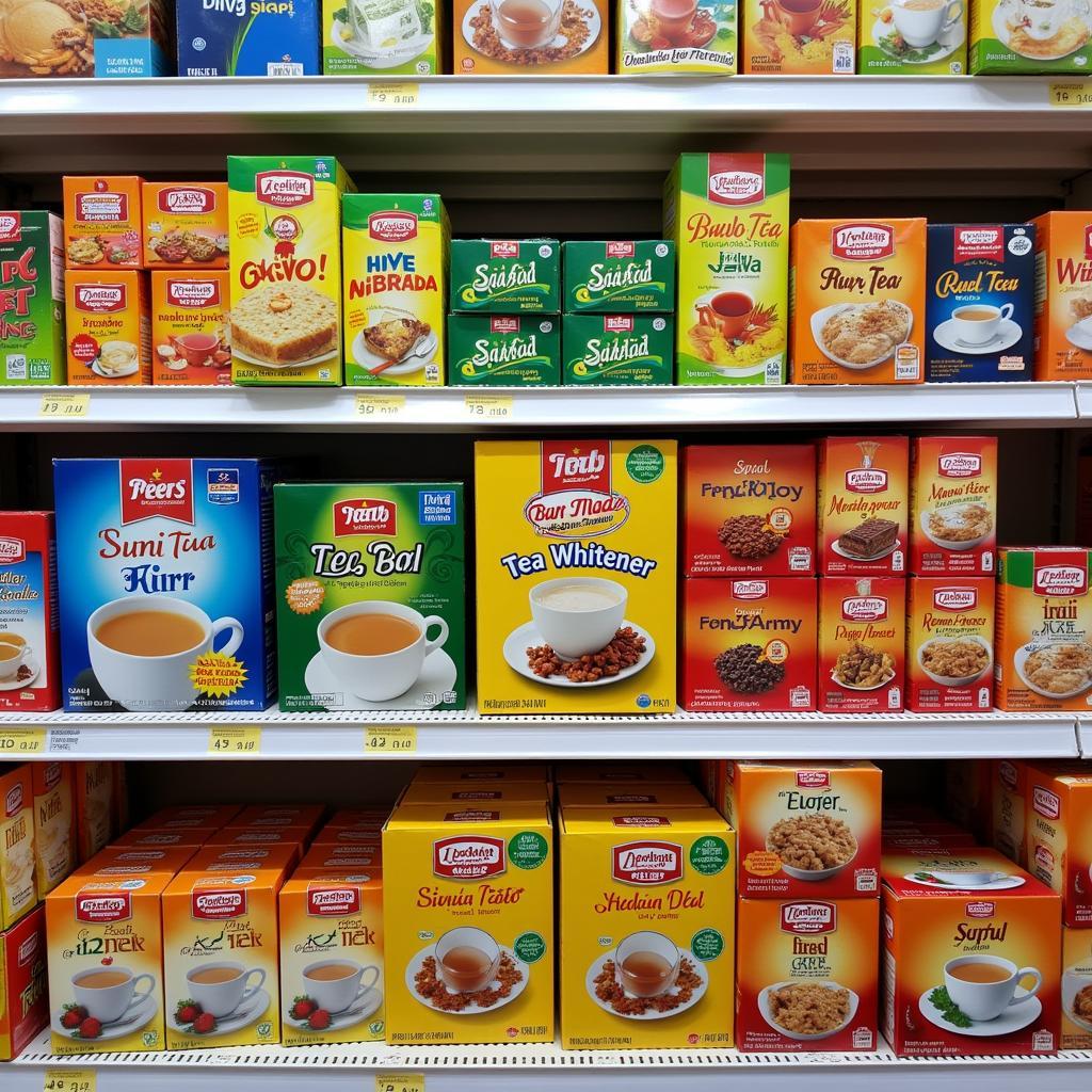 Tea whitener brands displayed on a market shelf in Pakistan