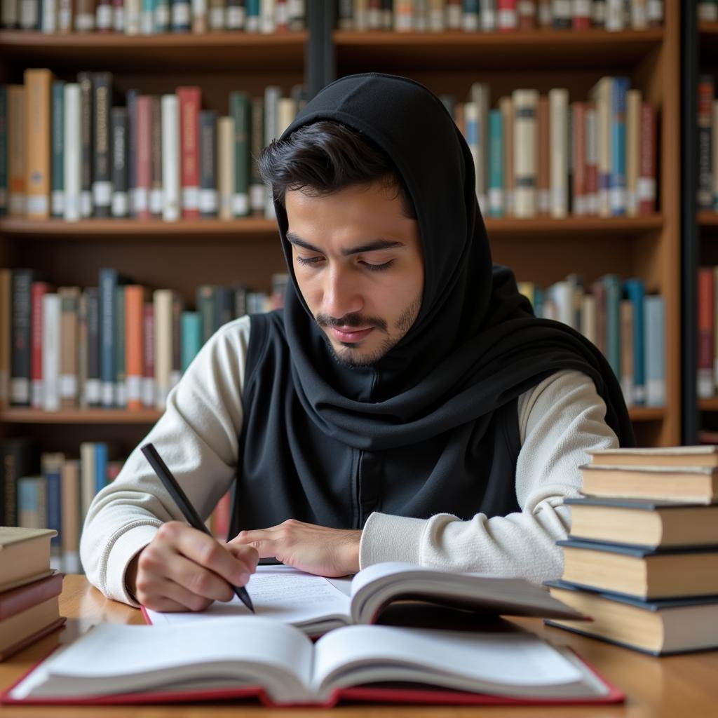 TEFL Certification Pakistan: A student diligently studies for their TEFL certification exam in a quiet library in Lahore, Pakistan, surrounded by textbooks and notes.