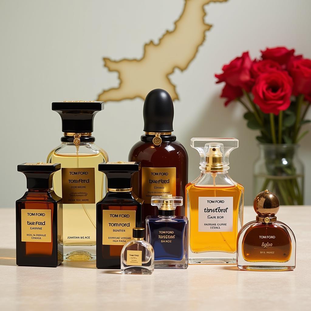 Tom Ford Perfume Price in Pakistan - Image illustrating various Tom Ford perfume bottles with price tags in Pakistani Rupees.