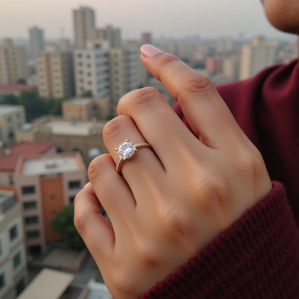 A sparkling two carat diamond ring on a woman's hand in Pakistan