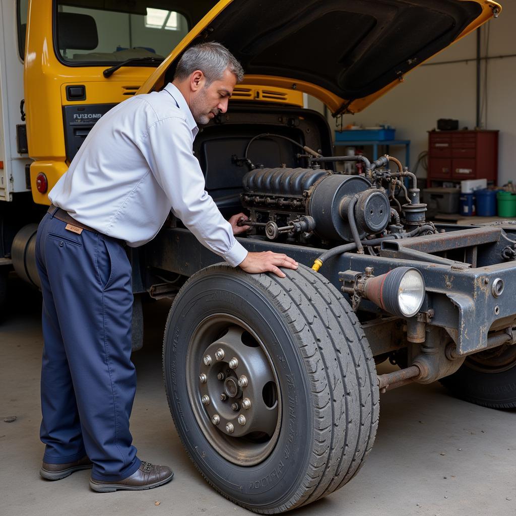 Mechanic inspecting a used Fuso Canter truck in Pakistan