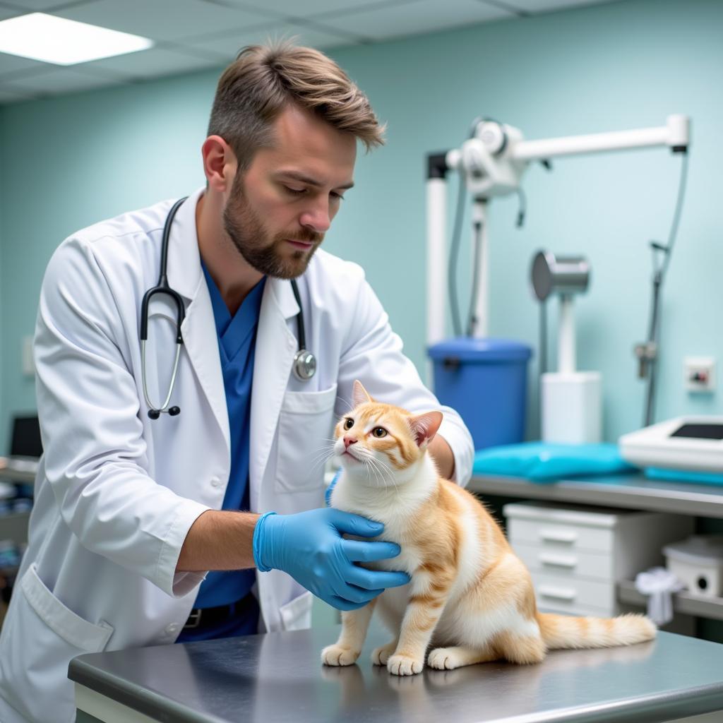 A veterinarian examines a cat in a clinic in Pakistan.