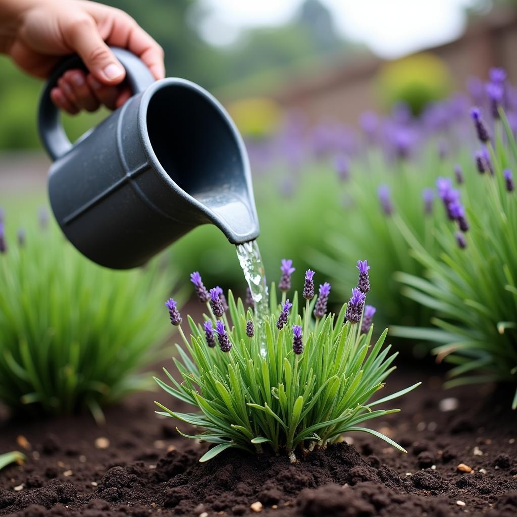 A person watering lavender plants in a garden in Pakistan.