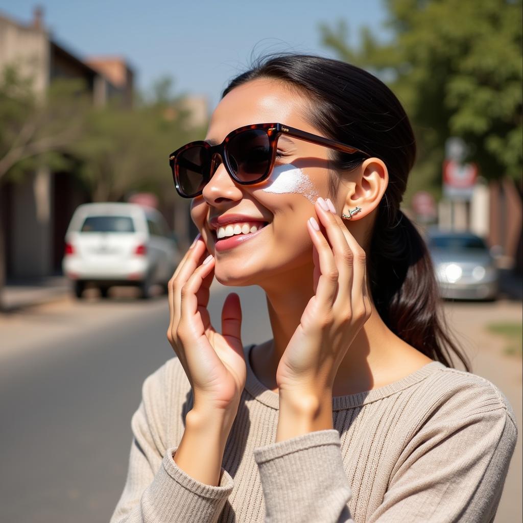 Woman Applying Sunblock in Pakistan