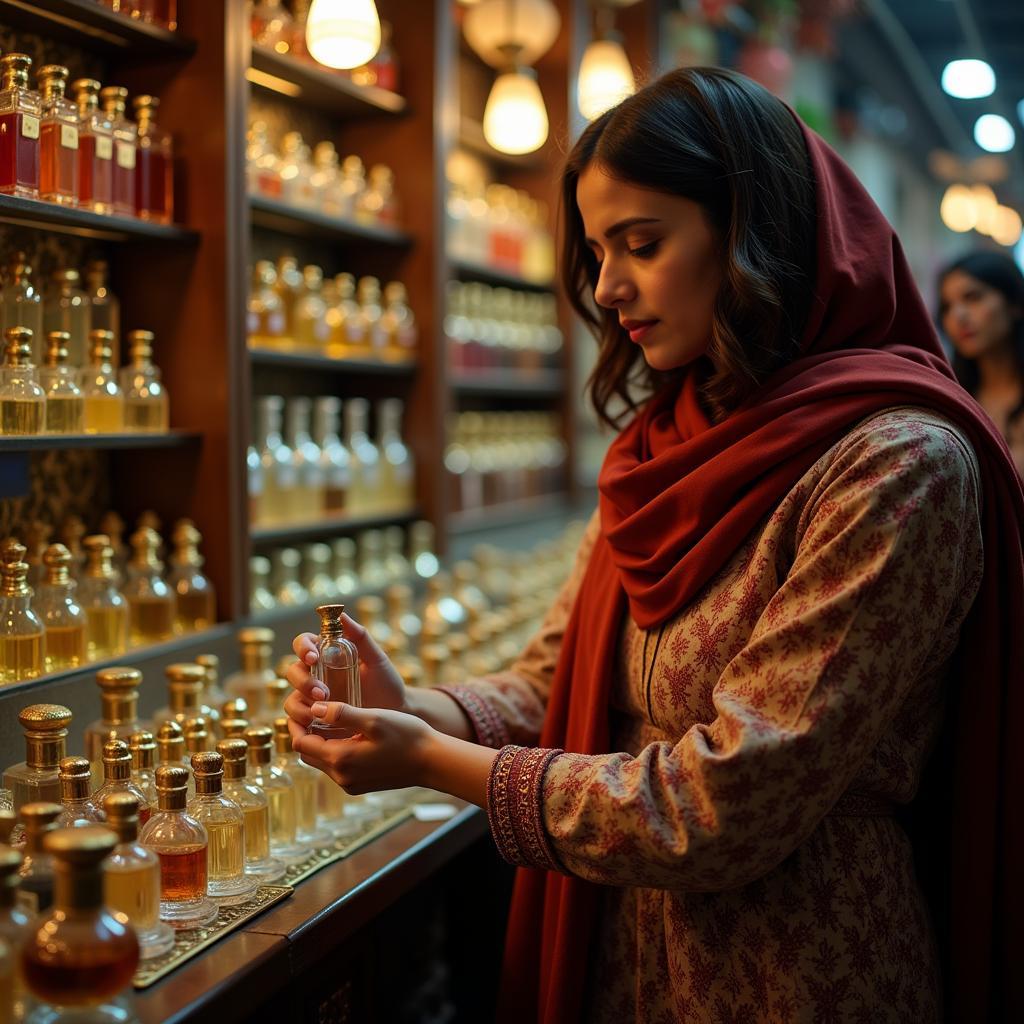 A Woman Testing White Oud Perfume in a Pakistani Perfume Shop