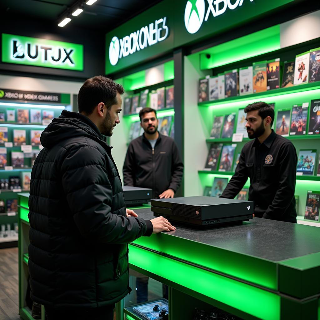 A customer looking at an Xbox One S in a Pakistani gaming store