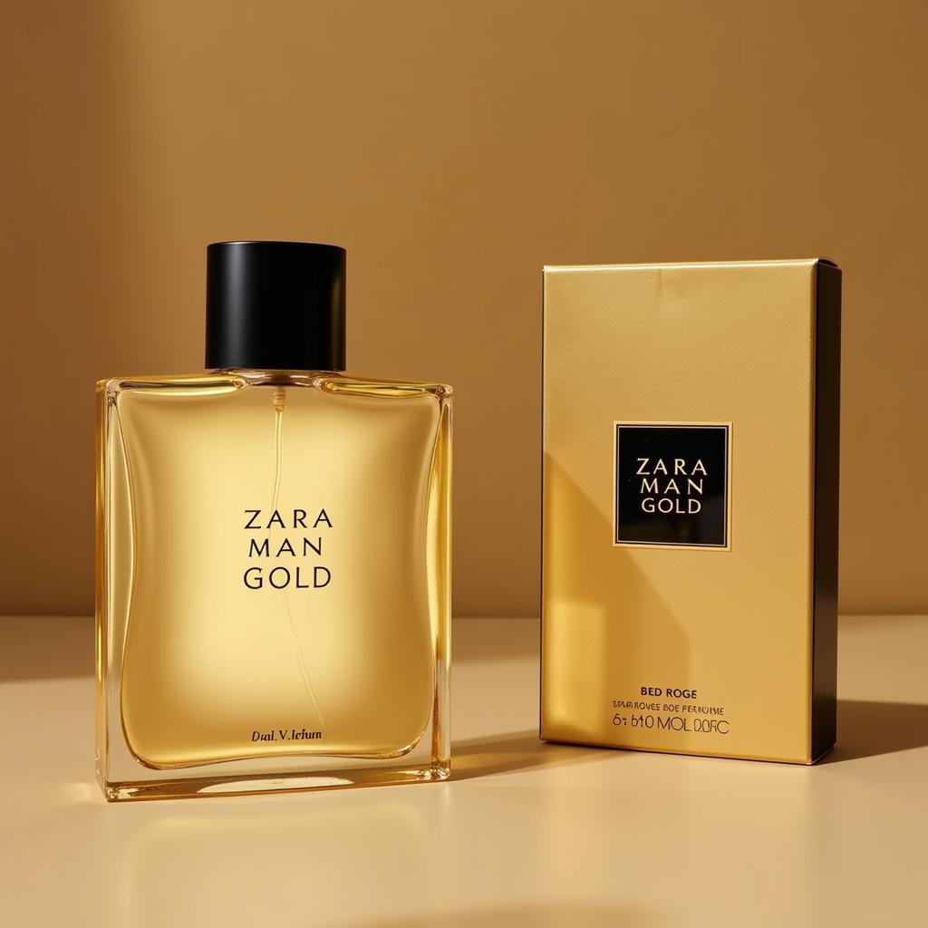 Close-up of a Zara Man Gold perfume bottle showcasing the packaging and branding.