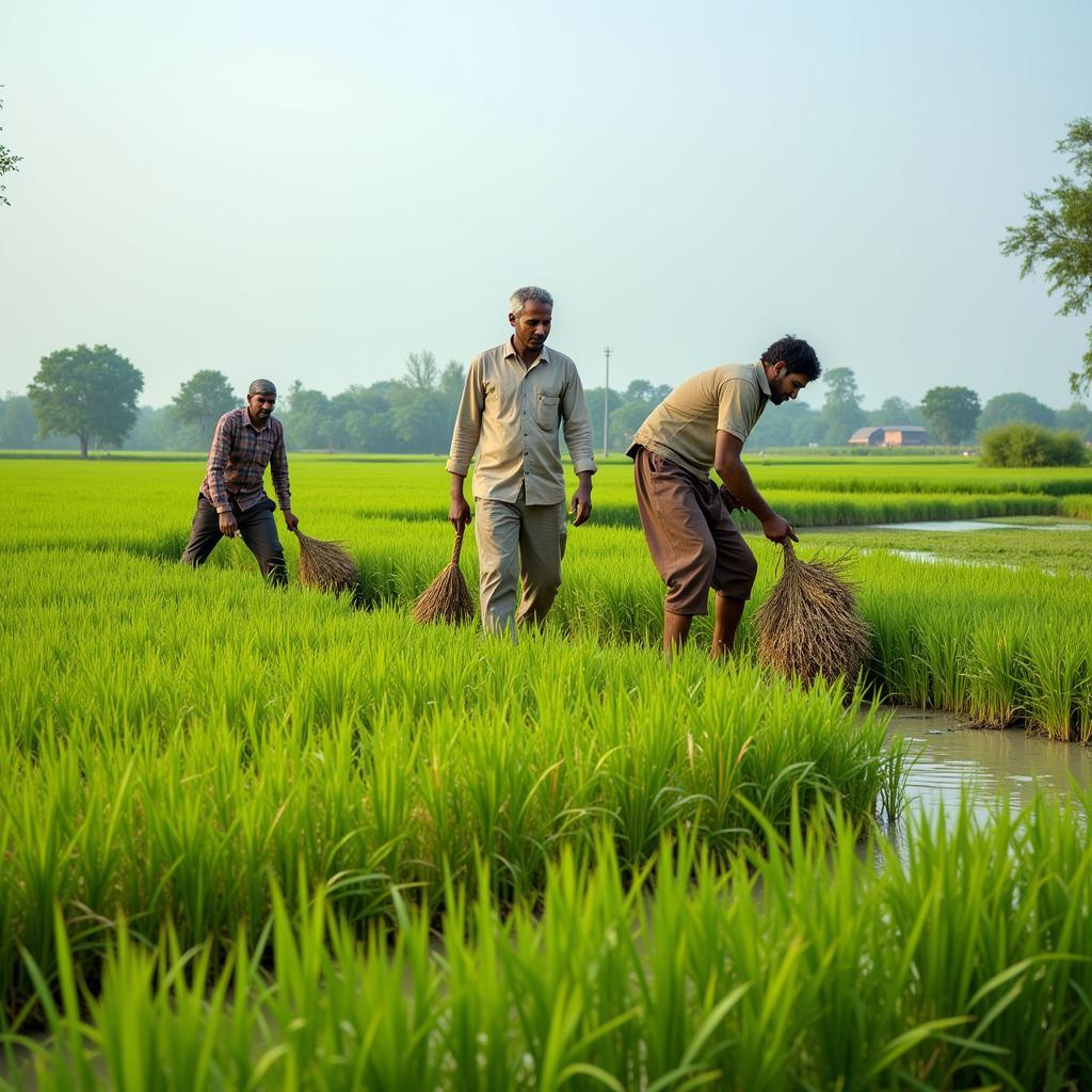 Farmers cultivating 1509 rice paddies in Pakistan, showcasing the labor-intensive process involved in rice production.