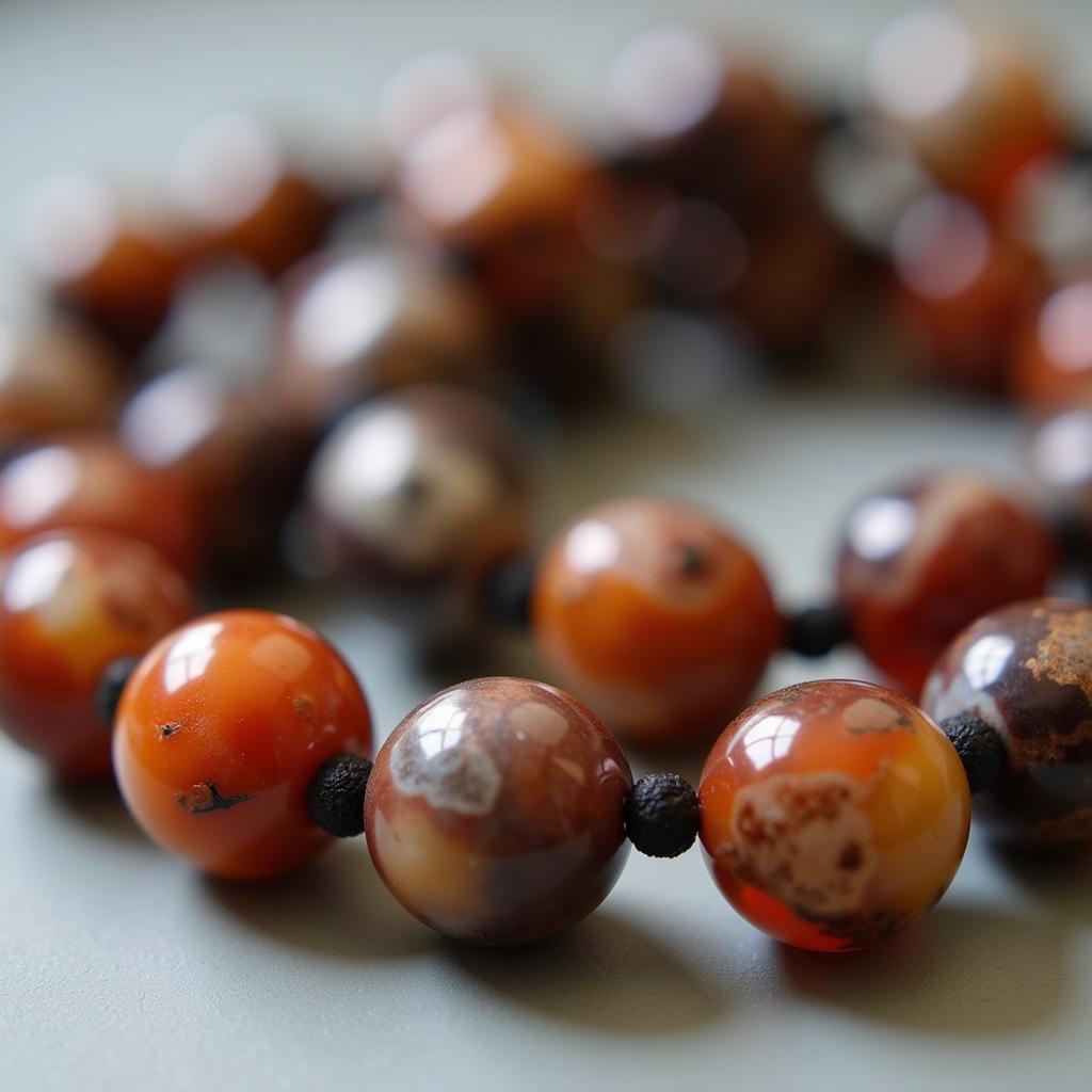 Close-up of an aqeeq stone tasbih showcasing the intricate details and beautiful color variations of the stone.