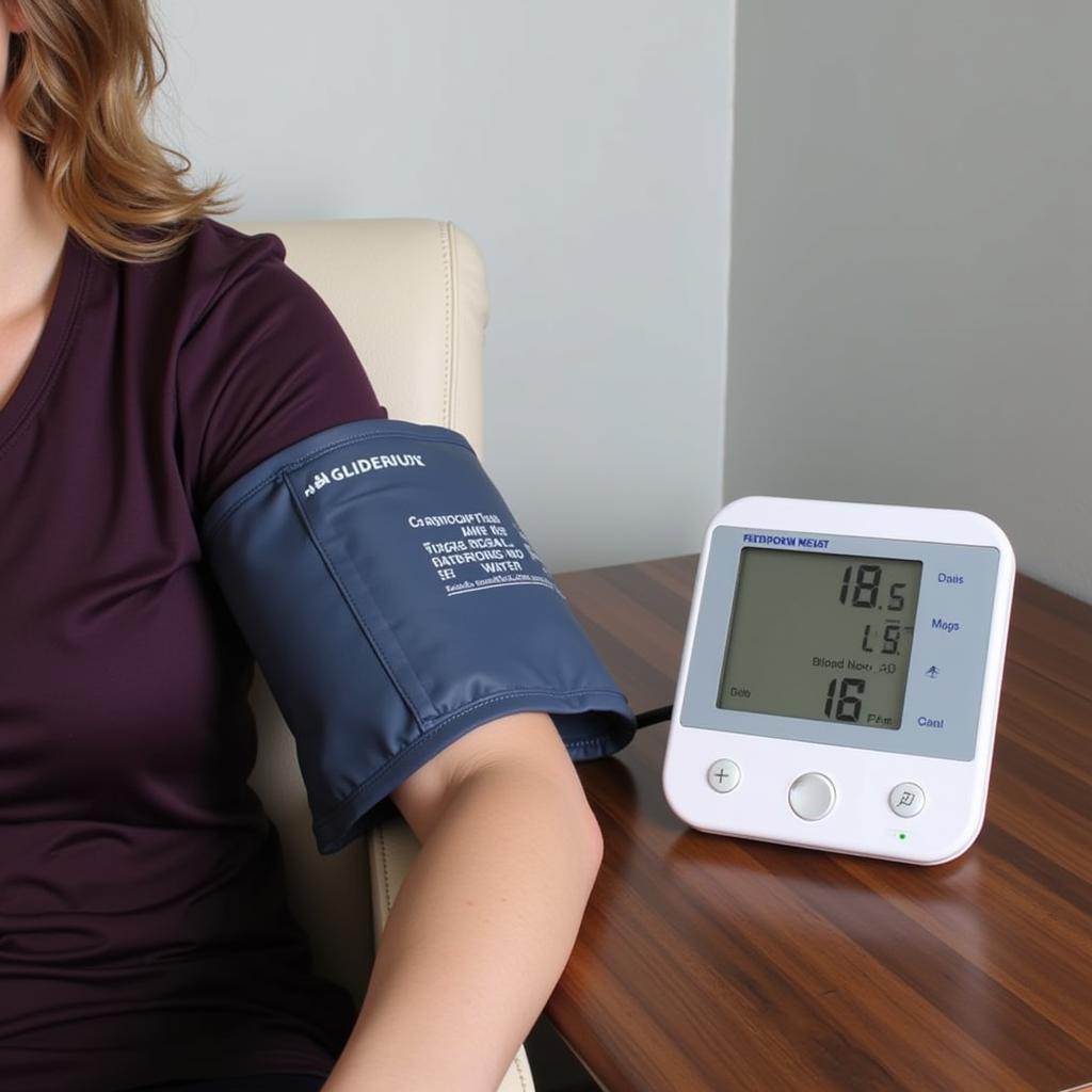 A person taking their blood pressure reading using a digital blood pressure monitor in Pakistan.