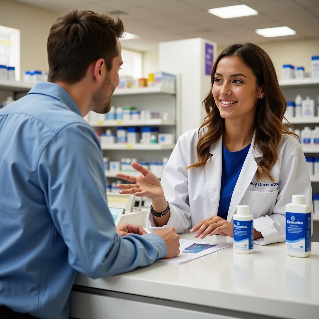 Buying Dermoteen cream at a pharmacy.