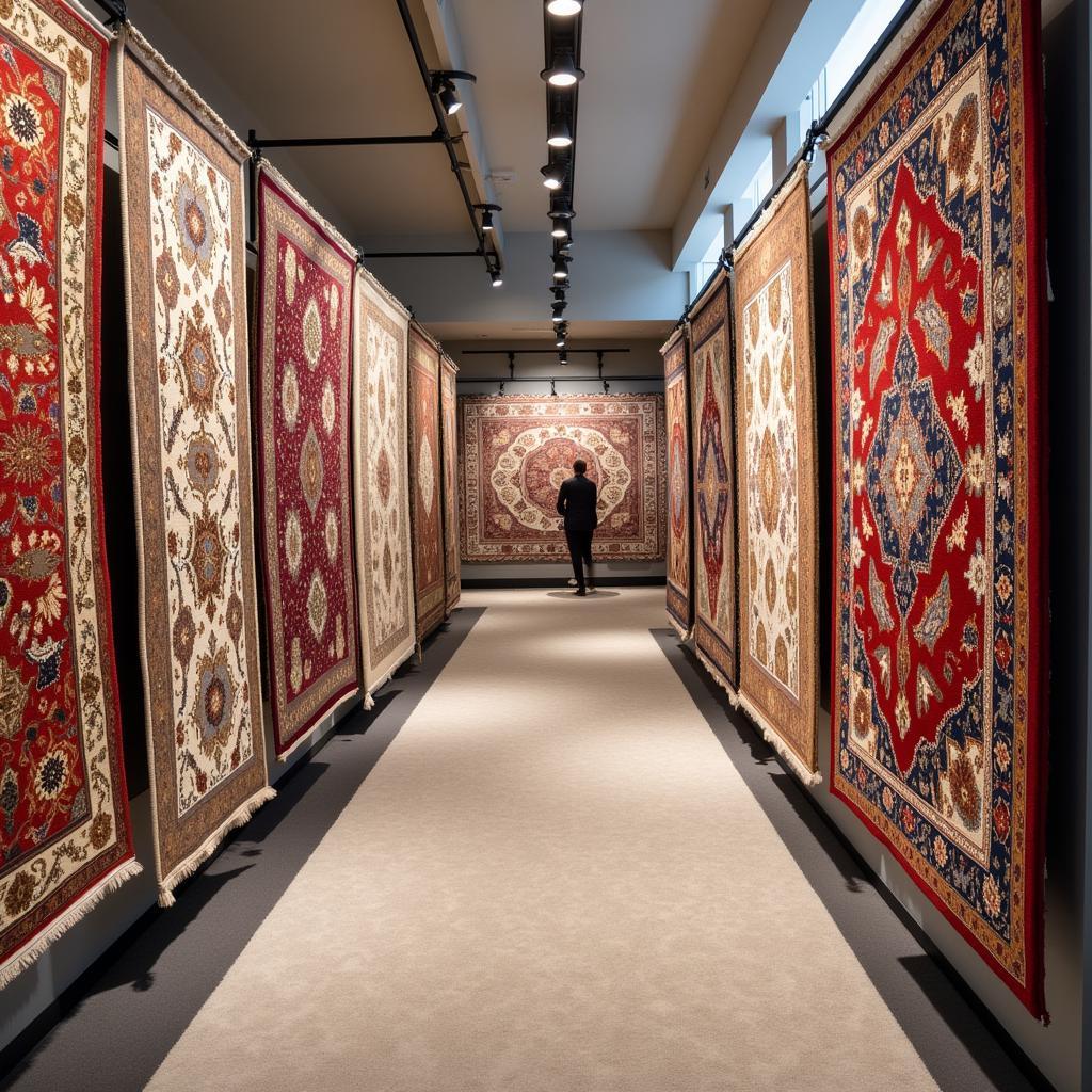 A well-lit carpet showroom displaying a variety of carpets, highlighting different styles and sizes.