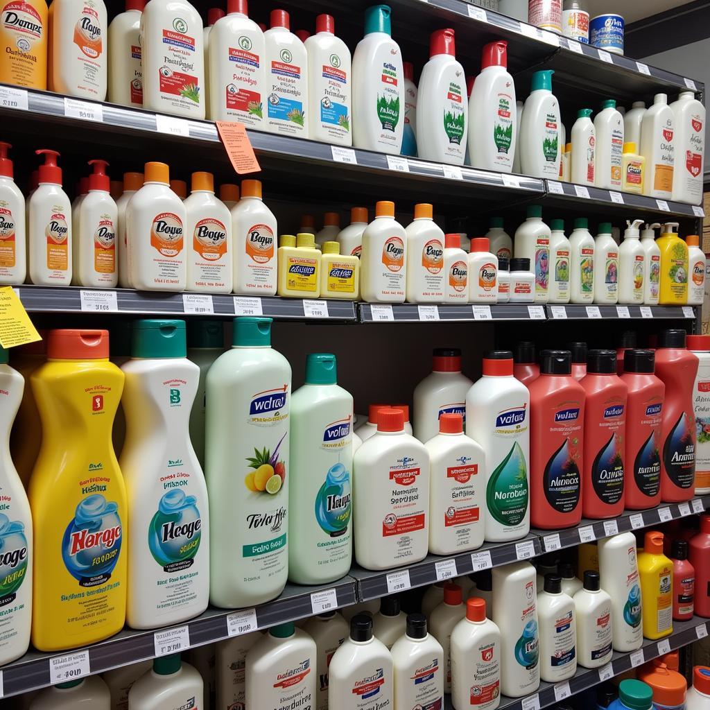 Various conditioner bottles displayed on shelves in a Pakistani market