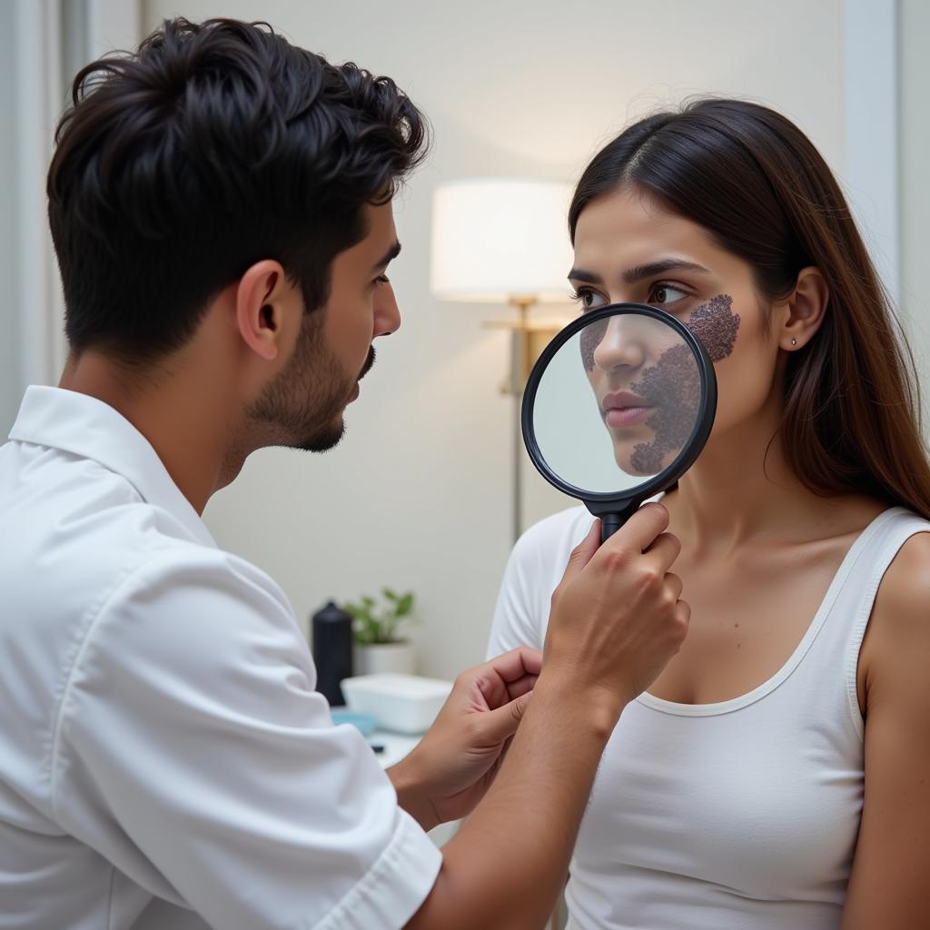 Dermatologist examining a patient's skin in Pakistan