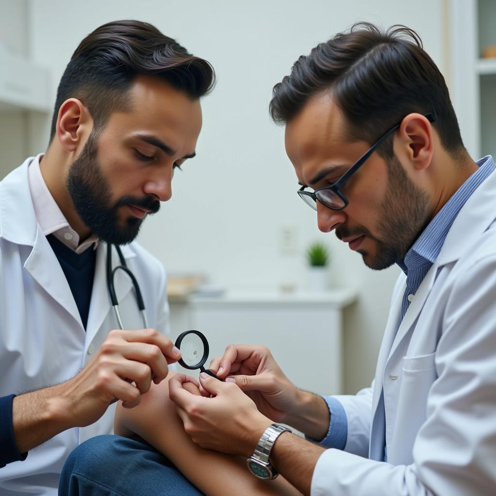 Dermatologist examining a scar in Pakistan