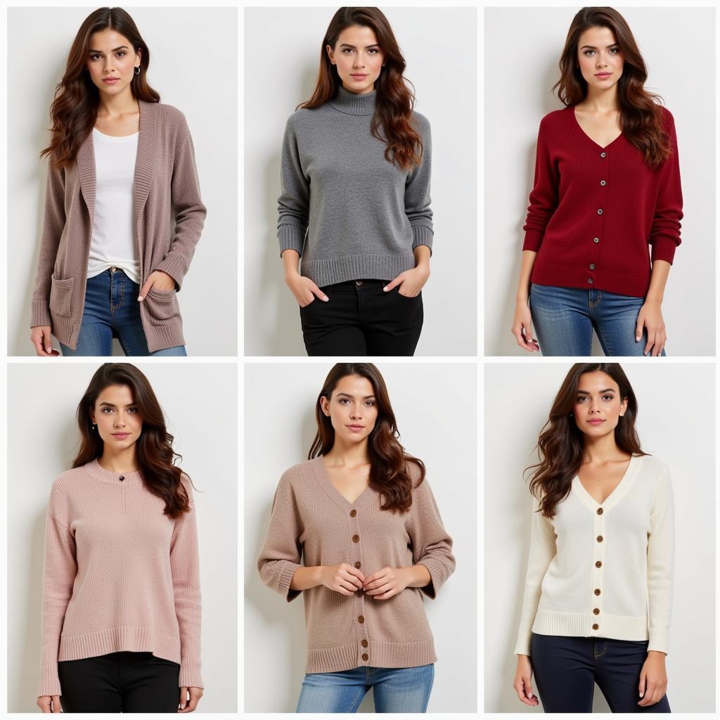 Examples of different sweater styles available in Pakistan like cardigans, pullovers, turtlenecks and V-necks