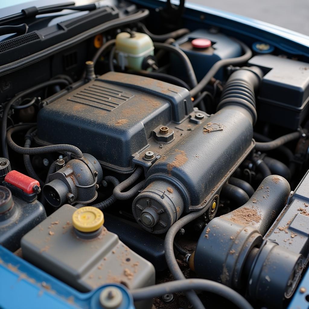 Dirty engine compartment before using engine cleaner spray