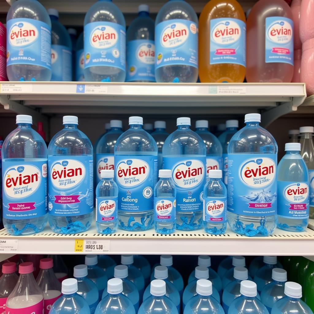 Evian water bottles displayed on a store shelf in Pakistan