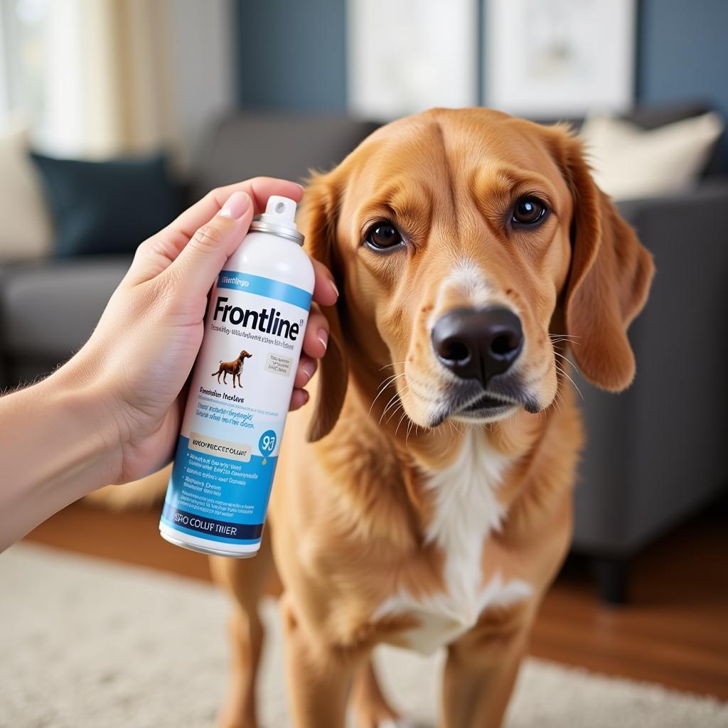 Applying Frontline Spray to a Dog