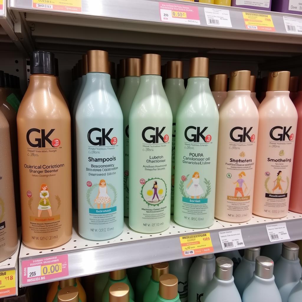 GK Shampoo and Conditioner Price in Pakistan: Various bottles of GK shampoo and conditioner displayed on a shelf in a Pakistani beauty store.  Prices are clearly marked on each bottle.