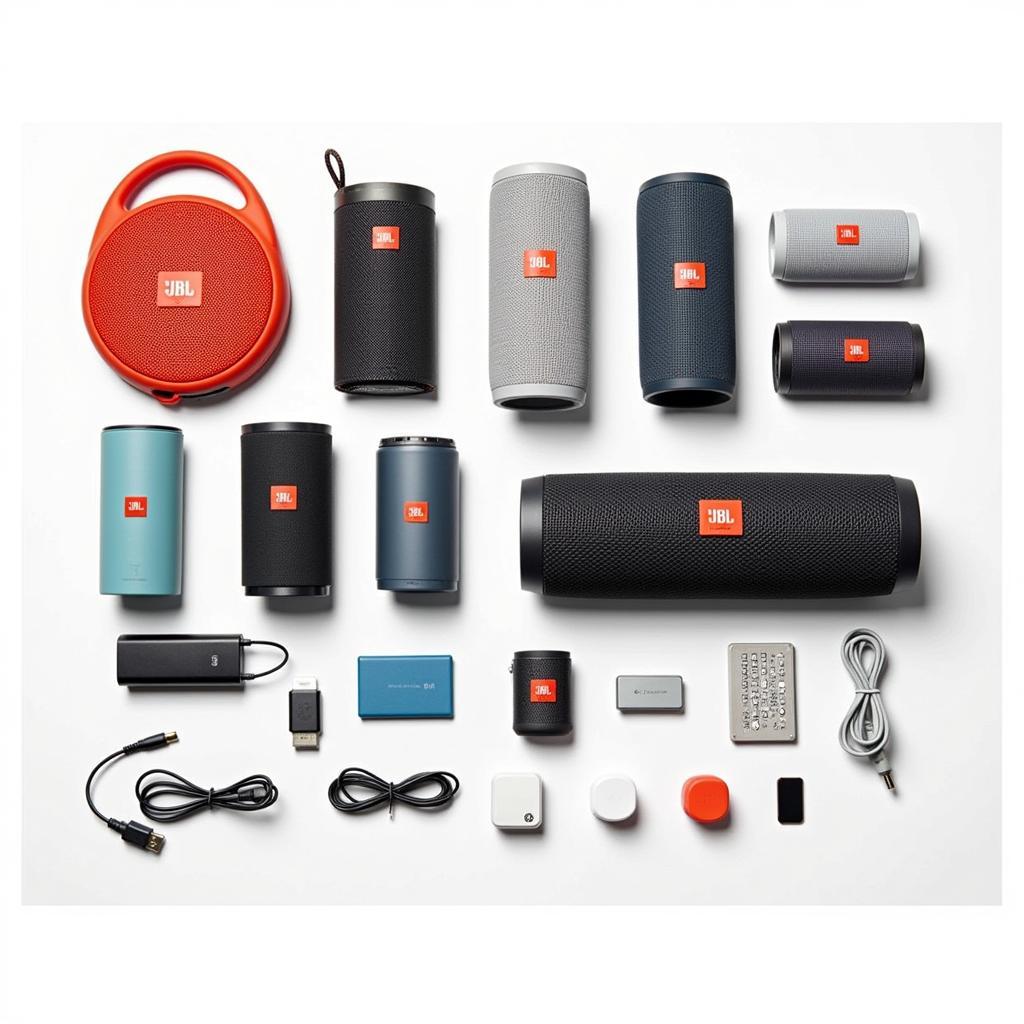 A variety of JBL Bluetooth speakers showcasing different sizes and designs